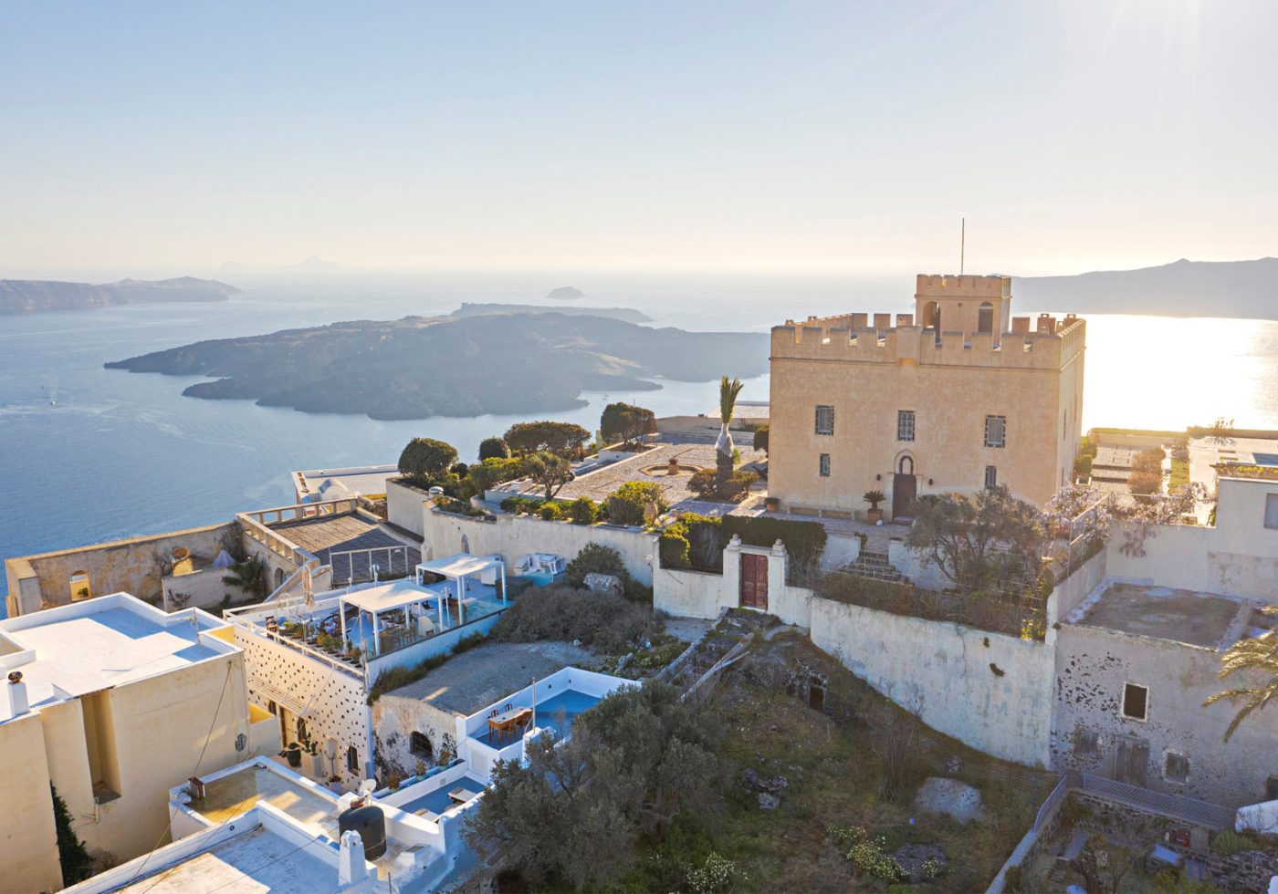 crown of fira santorini cave house drone view
